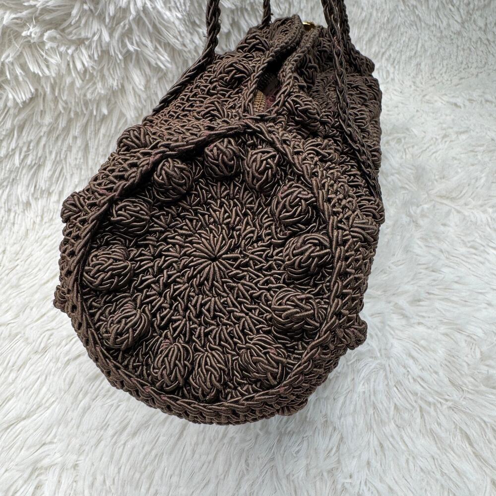 1940s Vintage Brown Cordé Crochet Handbag Gold Leaf Pull Double Handle 14” - Picture 8 of 16